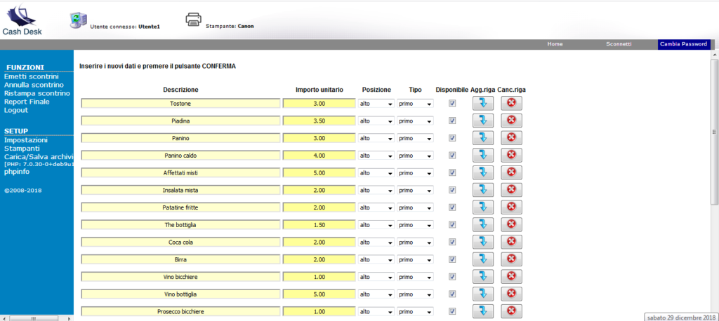 Gestione Sagre setup impostazioni